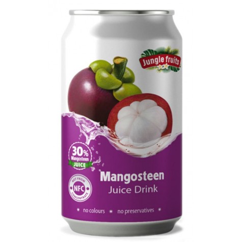 Napój Jungle Fruits w puszce posiada 30% soku z mangostanu bez barwników